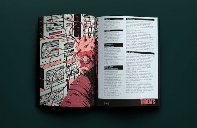 Mockup spread of Outsourced. A weird dude with their brain exposed and wires in it looks away from stacks of static screens.